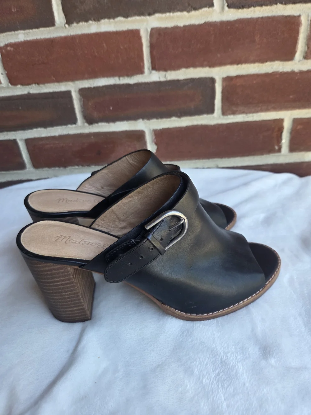 Madewell Black Leather Open-Toe Buckle Slide Heels